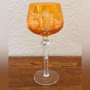 Cut Crystal Amber Goblet with Etched Floral Grape Design